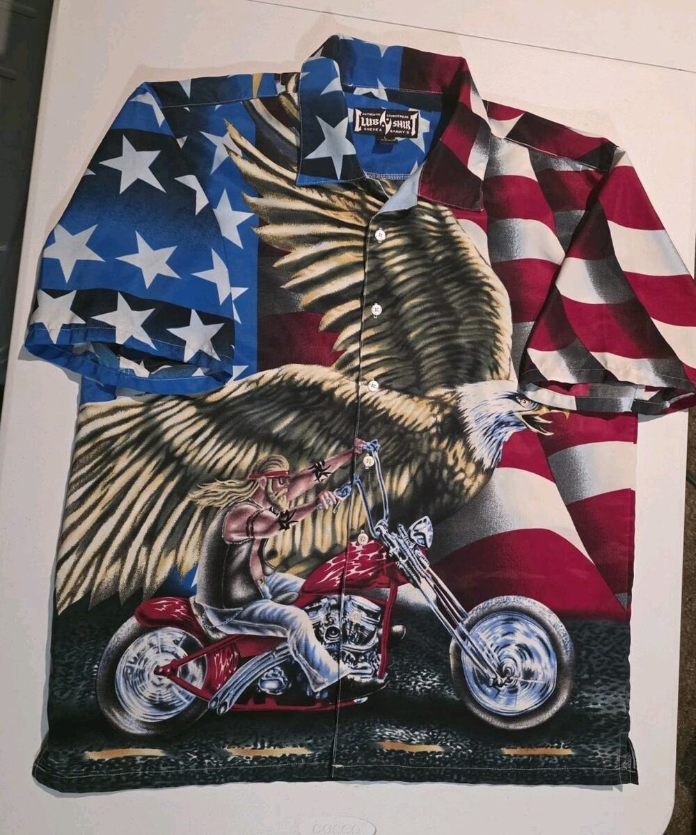 Club Shirt Mens All Over Print Flag Eagle Motorcycle Button Front Shirt Large